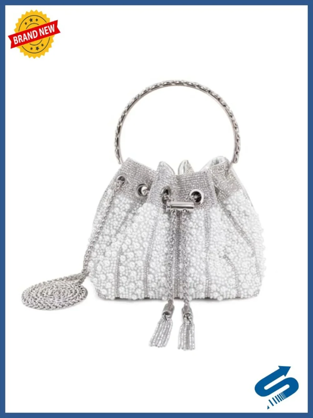 Multicolor Rhinestone Embellished Bucket Bag with Ring Handle, Gold Chain